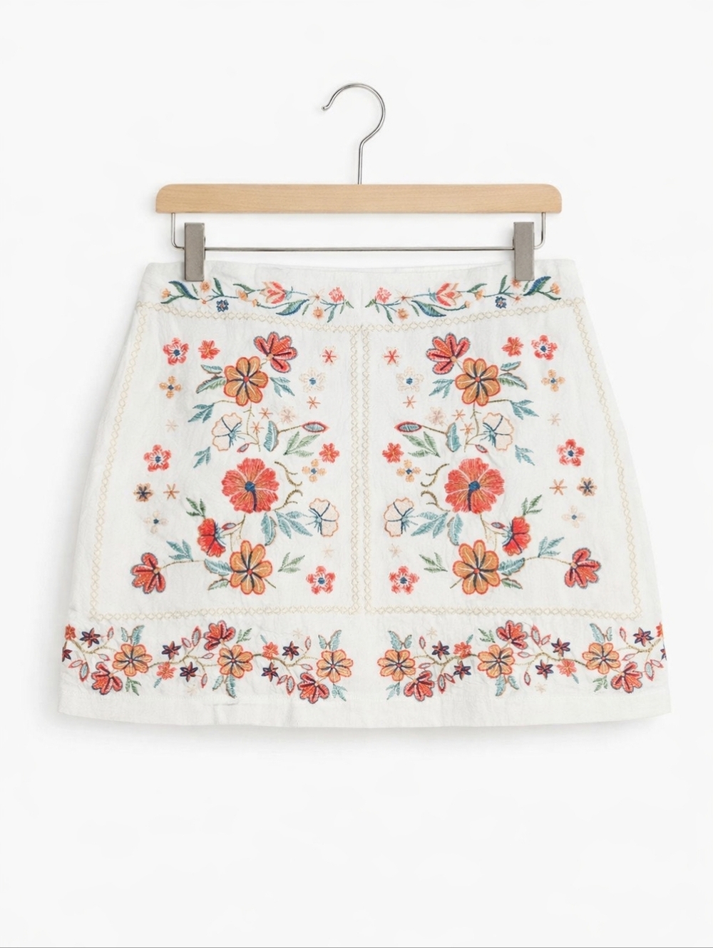 Umgee Coral Floral Symmetrical Embroidered Folk Look Linen Blend Mini Skirt